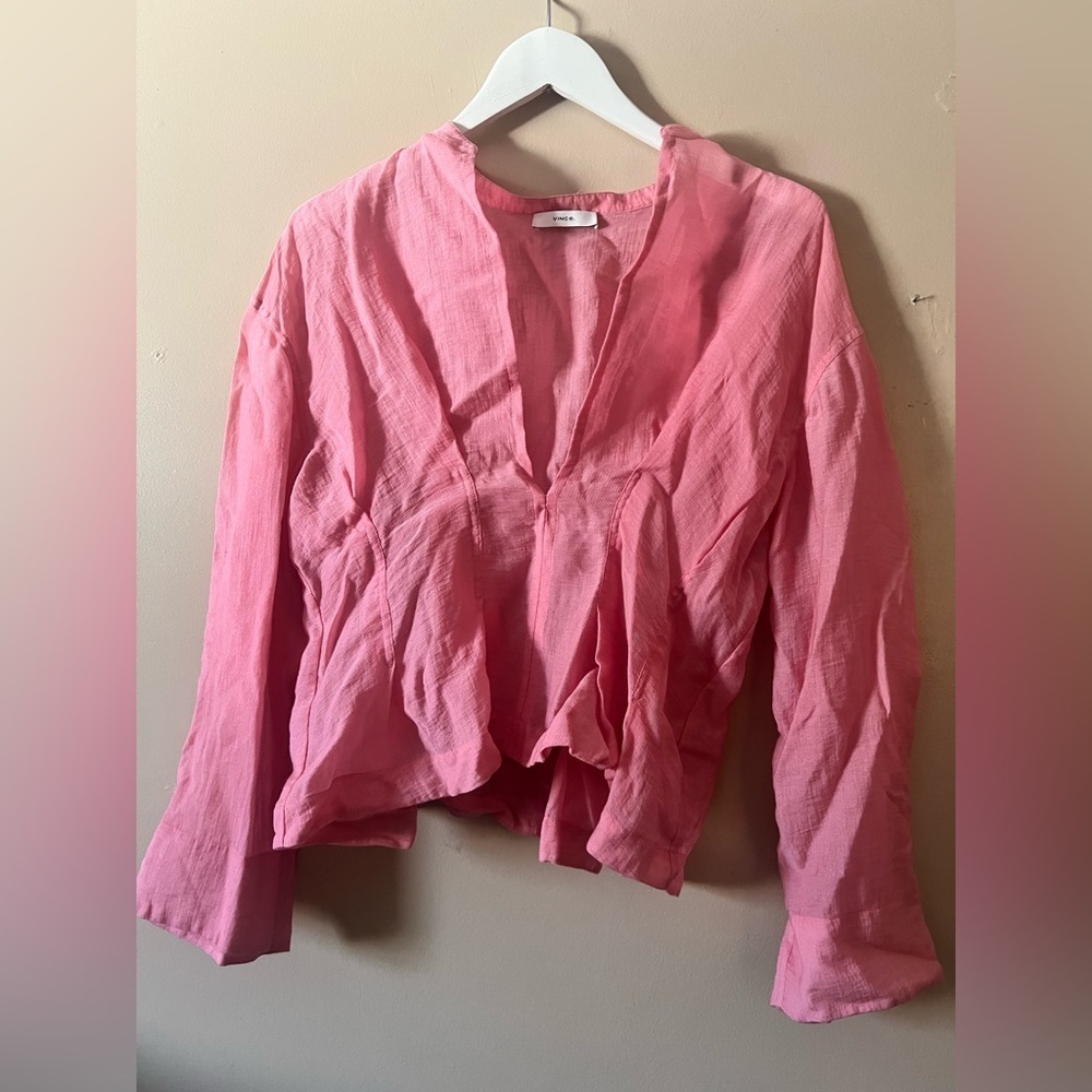 Vince shirred flare sleeve pink sheer deep cut flowy preppy top m boho chic